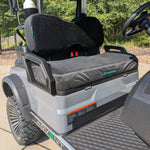 Cool Dry Covers seat covers installed on an Advanced EV Advent golf cart.  Keeps you cool in the heat and dry in the damp through the use of their unique 3-dimensional mesh. Easy to install and made to fit perfectly. Comfort in all conditions.
