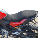 Cool Dry Covers seat covers to fit your BMW F900XR (pictured).  Keeps you raised off the original seat, much cooler in the heat and allows air circulation.  Water goes through without being absorbed so you stay drier in the wet.  These are sized to fit your specific seat perfectly.  Transform your ride with Cool Dry Covers.