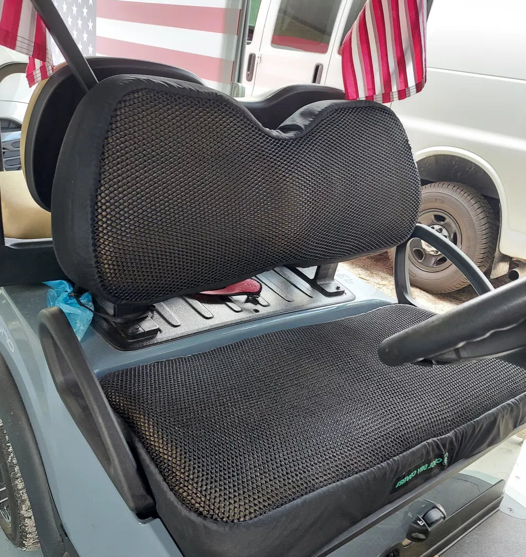 Cool Dry Covers golf cart seat covers installed on a Club Car Precedent. 