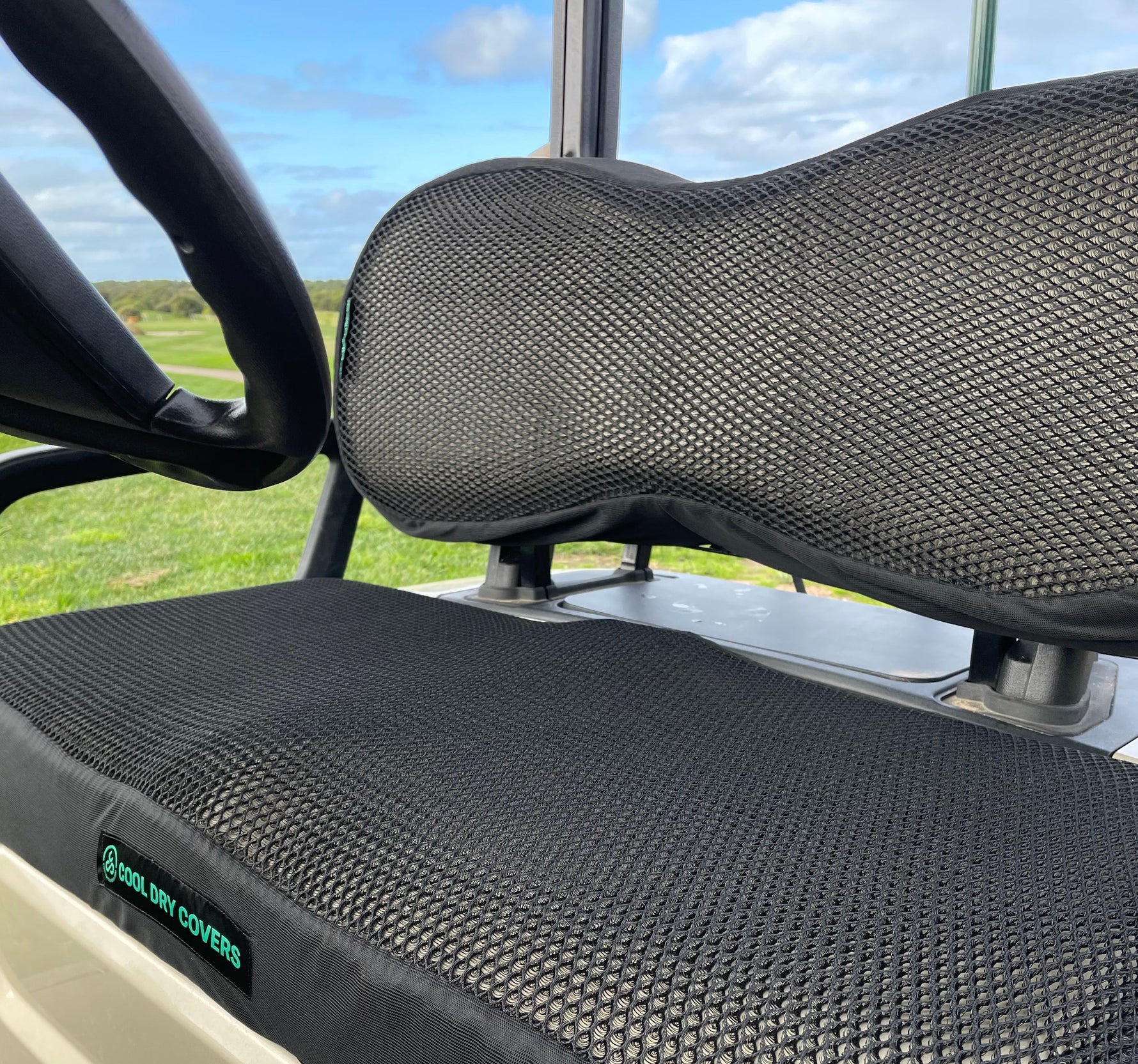 Cool Dry Covers golf cart seat covers feature a unique 3-dimensional mesh which keeps you raised off the seat for added comfort, staying much cooler in the heat and allowing beneficial air circulation. Water flows through without absorbing so you stay drier on the wet days. They are sized specifically for your golf cart seat and backrest. Shown here installed on a Yamaha Drive (G29) golf cart.