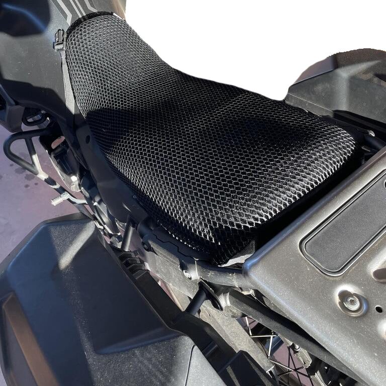 Cool Dry Covers seat covers to fit your Kawasaki KLR650 (pictured).  Keeps you raised off the original seat, much cooler in the heat and allows air circulation.  Water goes through without being absorbed so you stay drier in the wet.  These are sized to fit your specific seat perfectly.  Transform your ride with Cool Dry Covers.