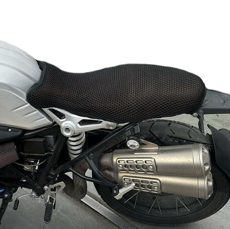 Cool Dry Covers seat covers to fit your BMW R9T (pictured).  Keeps you raised off the original seat, much cooler in the heat and allows air circulation.  Water goes through without being absorbed so you stay drier in the wet.  These are sized to fit your specific seat perfectly.  Transform your ride with Cool Dry Covers.