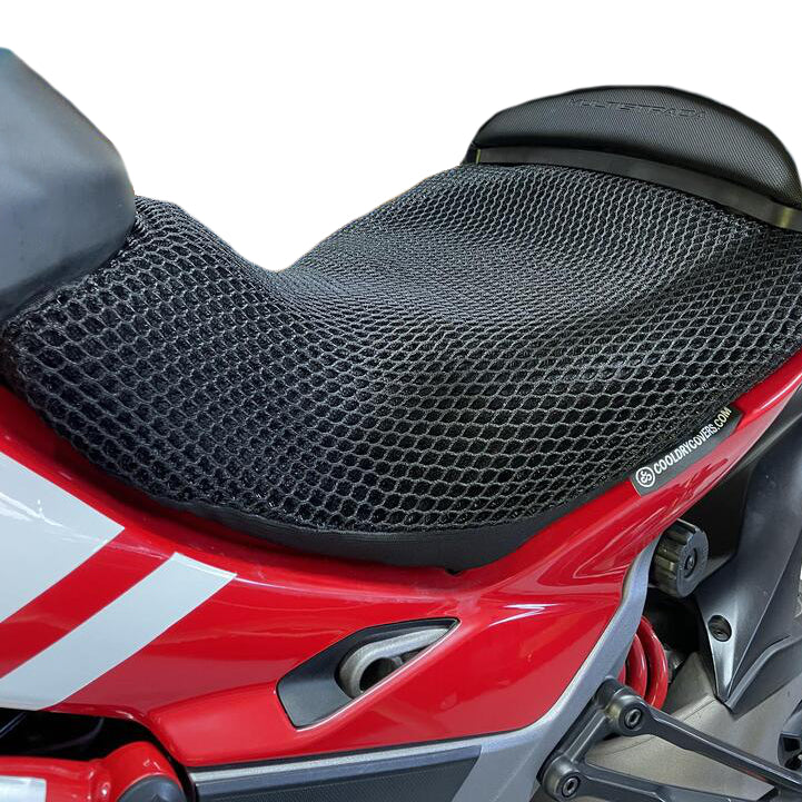 Cool Dry Covers seat covers to fit your Ducati Multistrada Rider Seat (pictured).  Keeps you raised off the original seat, much cooler in the heat and allows air circulation.  Water goes through without being absorbed so you stay drier in the wet.  These are sized to fit your specific seat perfectly.  Transform your ride with Cool Dry Covers.