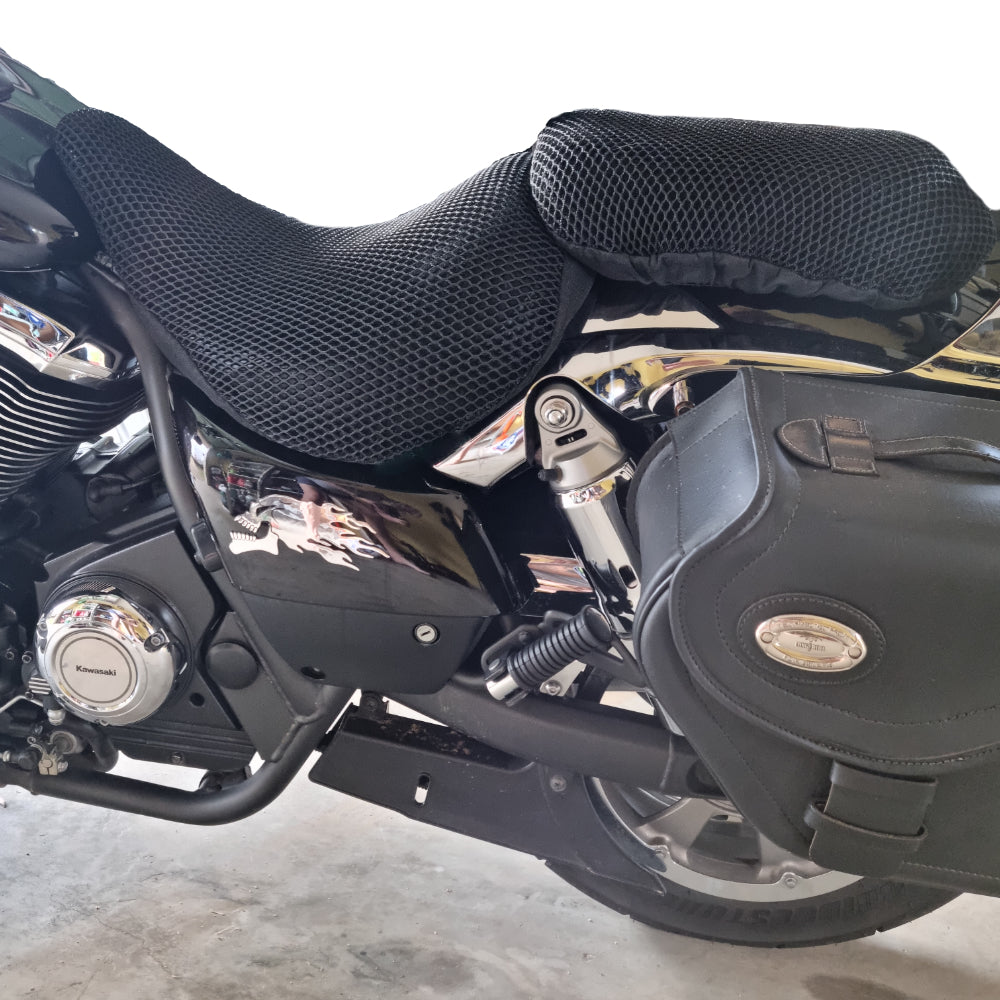 Cool Dry Covers seat covers to fit your Kawasaki Vulcan 1700 (pictured).  Keeps you raised off the original seat, much cooler in the heat and allows air circulation.  Water goes through without being absorbed so you stay drier in the wet.  These are sized to fit your specific seat perfectly.  Transform your ride with Cool Dry Covers.