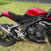 Load image into Gallery viewer, Cool Dry Covers seat covers to fit your Triumph Speed Triple RS1200 (pictured).  Keeps you raised off the original seat, much cooler in the heat and allows air circulation.  Water goes through without being absorbed so you stay drier in the wet.  These are sized to fit your specific seat perfectly.  Transform your ride with Cool Dry Covers.
