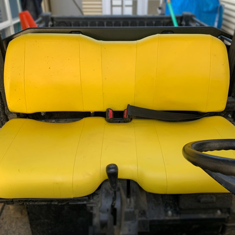 Cool Dry Covers seat covers to fit your utility with bench seat and single piece backrest (like the John Deere HPX815E pictured).  Protects your seat while keeping you cool in the heat and dry in the wet.  Easy to install and begin enjoying their benefits right away. Sized to fit your specific seat.