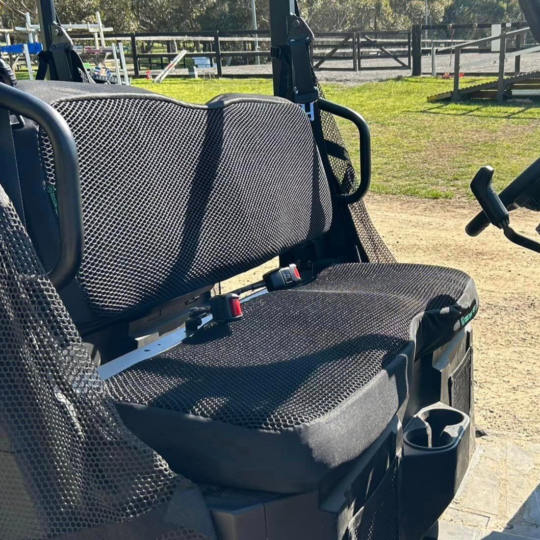 Cool Dry Covers seat covers installed on a Polaris Ranger SP 570 Utility with bench seat and backrest.  Stay cool and dry while providing a layer of protection to your original seat.  Made to order, sized to fit perfectly. 