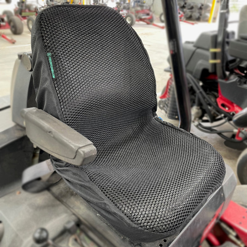 Cool Dry Covers seat covers installed on a John Deere 7000 mower.  Keeps you cool in the heat and dry in the wet.  Comfort in all conditions.  Custom sized to fit the specific mower seat.