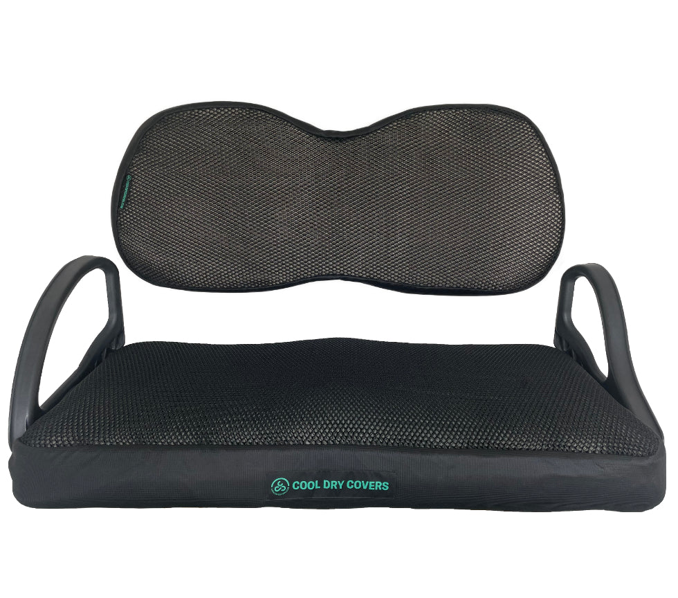 Cool Dry Covers seat covers set for Club Car Onward and Club Car Tempo golf carts with premium seats. Keeps you cool in the heat and dry in the rain. Increased comfort in all weather conditions. Shown installed on seat and backrest.