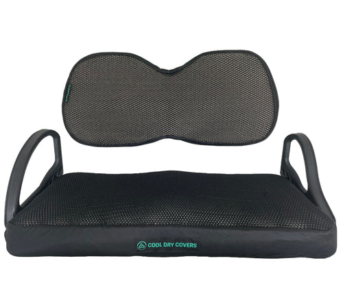 Cool Dry Covers seat covers set for Club Car Precedent golf cart.  Keeps you cool in the heat and dry in the damp. Increased comfort in all weather conditions. Shown installed on seat and backrest.