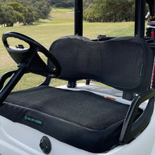 Load image into Gallery viewer, Cool Dry Covers seat covers set for the Yamaha Drive (YDRE/YDRA) and Drive2 golf carts. Keeps you cool in the heat and dry in the rain. Increased comfort in all weather conditions. Shown installed on cart.
