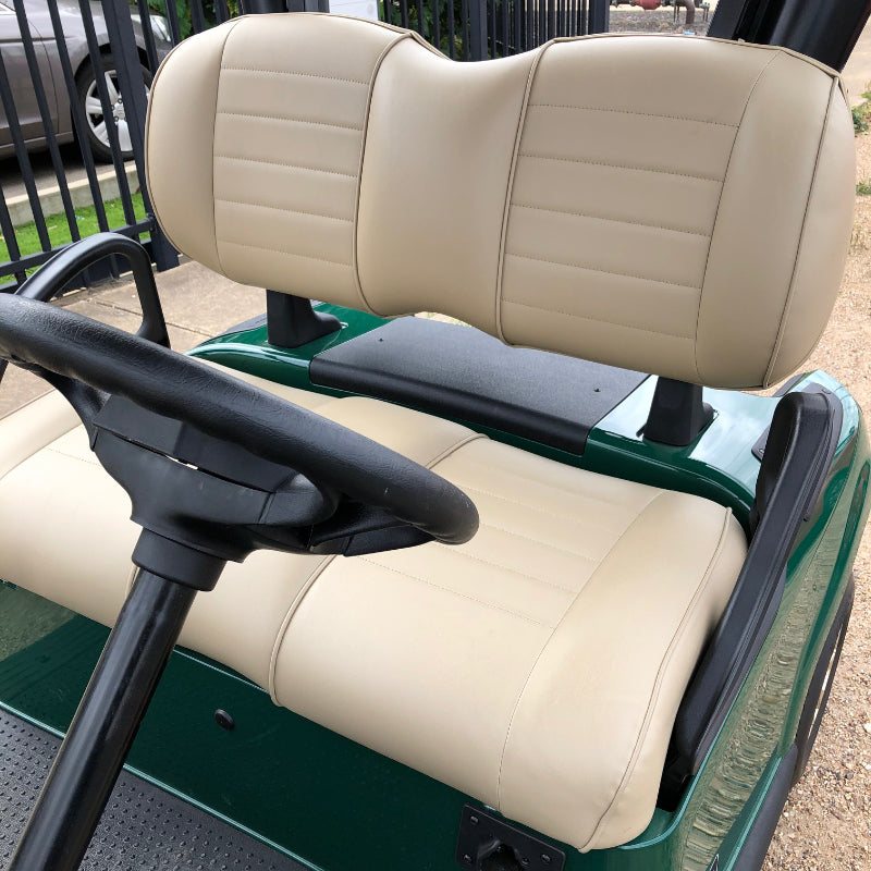 Cool Dry Covers seat covers set for EZGo golf carts with the oversized plush seat and backrest. Keeps you cool in the heat and dry in the rain. Increased comfort in all weather conditions. Shown without covers installed to assist in identifying the correct model.