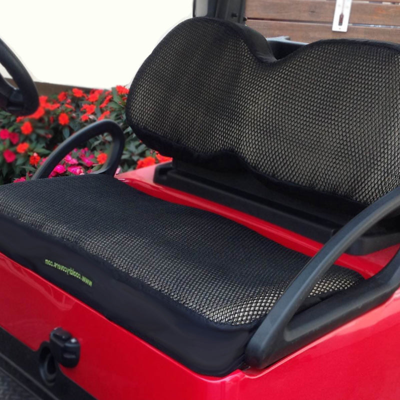 Cool Dry Covers seat covers installed on a Club Car Precedent (2004 on) golf cart with single piece backrest.  Keeps you cool in the heat and dry in the damp through the use of their unique 3-dimensional mesh. Easy to install and made to fit perfectly. Comfort in all conditions.