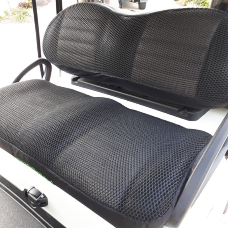 Cool Dry Covers seat covers set for Club Car Onward and Club Car Tempo golf carts. Keeps you cool in the heat and dry in the rain. Increased comfort in all weather conditions. Shown installed on cart.