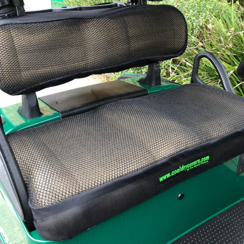 Cool Dry Covers seat covers set for EZGo TXT and RXV golf carts with standard backrests. Keeps you cool in the heat and dry in the rain. Increased comfort in all weather conditions. Shown installed on EZGo golf cart. 