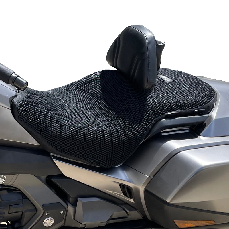 Cool Dry Covers seat covers to fit your Honda Goldwing (pictured).  Keeps you raised off the original seat, much cooler in the heat and allows air circulation.  Water goes through without being absorbed so you stay drier in the wet.  These are sized to fit your specific seat perfectly.  Transform your ride with Cool Dry Covers.