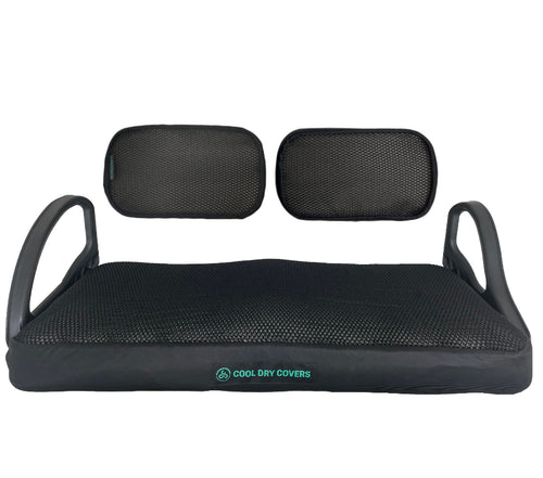 Cool Dry Covers seat covers set for the older Yamaha G-series golf carts with split backrest (G22, G19, G14...). Keeps you cool in the heat and dry in the rain. Increased comfort in all weather conditions. Shown installed on seat and backrests.